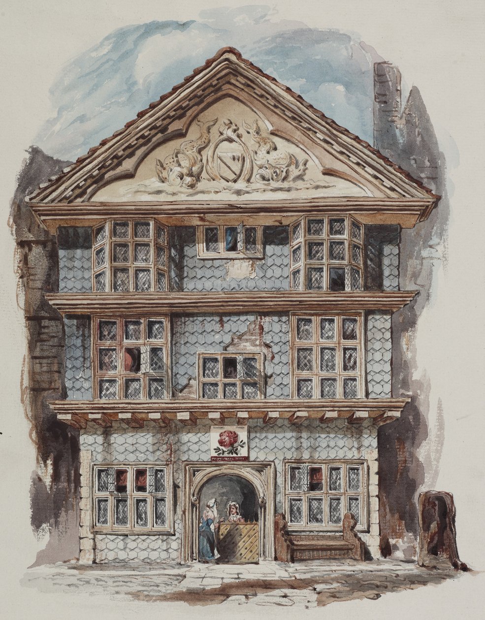 Retrospektivní pohled na Rose Tavern, Fenchurch Street v roce 1730, cca 1805 (wc na papíře od C. Williams