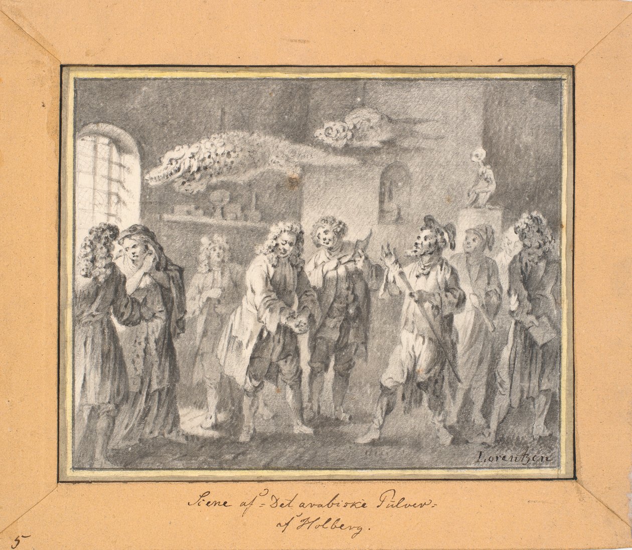 Scéna z Ludviga Holberga "The Arab Powder" od C.A. Lorentzen
