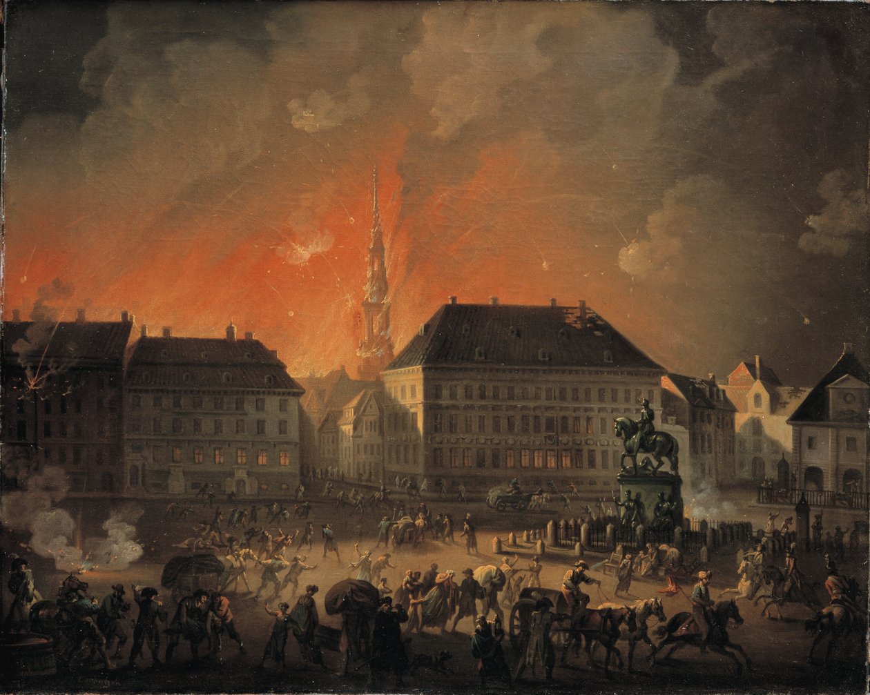 Nejstrašnější noc. Pohled na Kongens Nytorv v Kodani během anglického bombardování Kodaně v noci mezi 4. a 5. zářím 1807 od C.A. Lorentzen