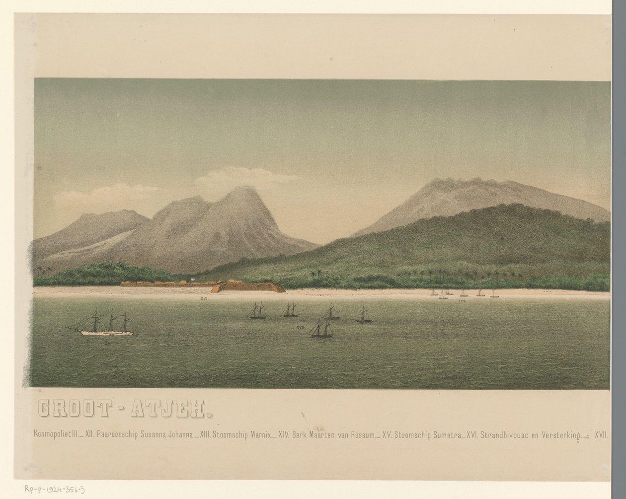Pohled na pobřeží Velkého Acehu s flotilou první expedice Aceh u pobřeží, část třetí The Greater Aceh Road (název na objektu) od C.A. Whitten