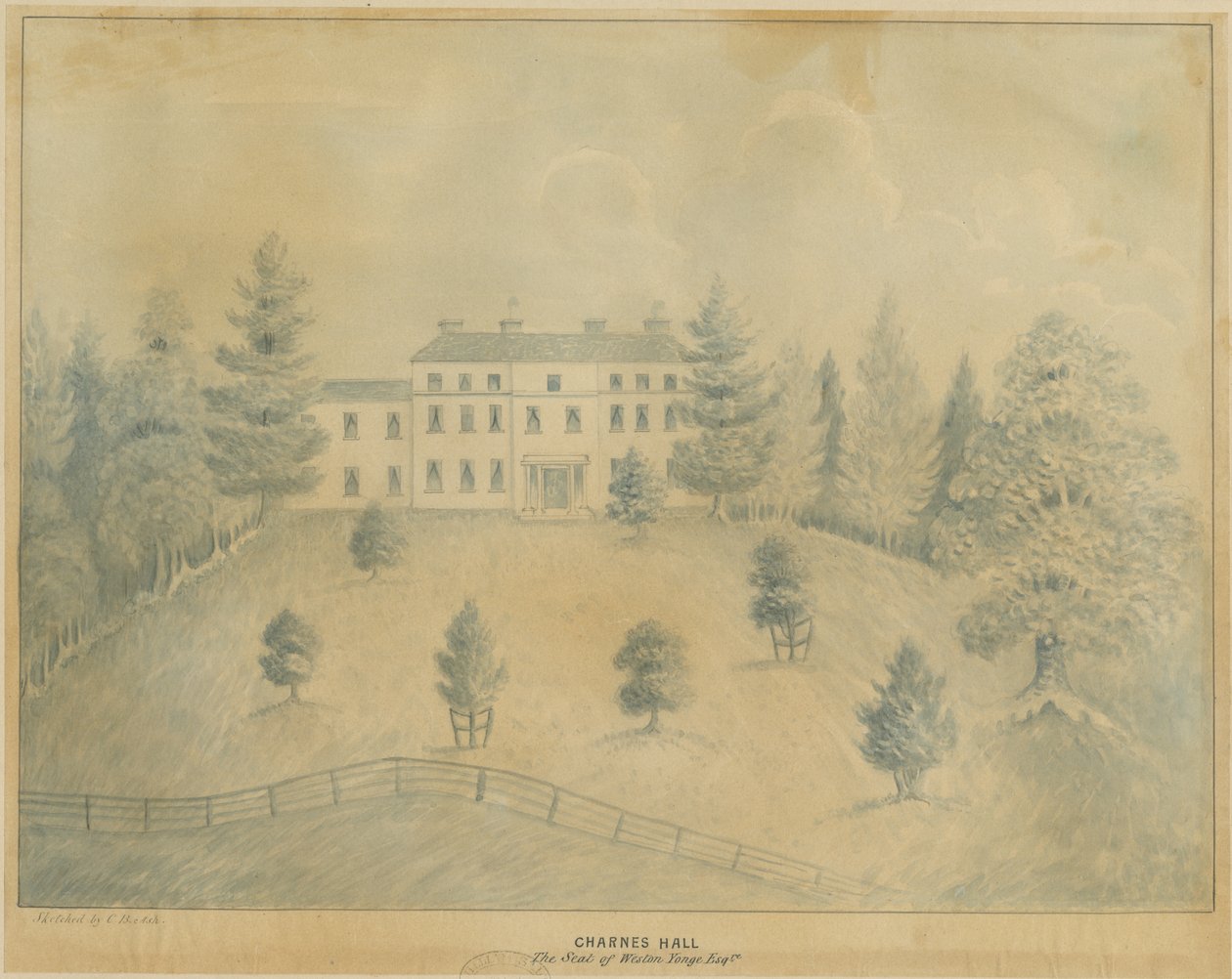 Charnes Hall: kresba tužkou a lavírováním, nd [19. století] od C.B Ash