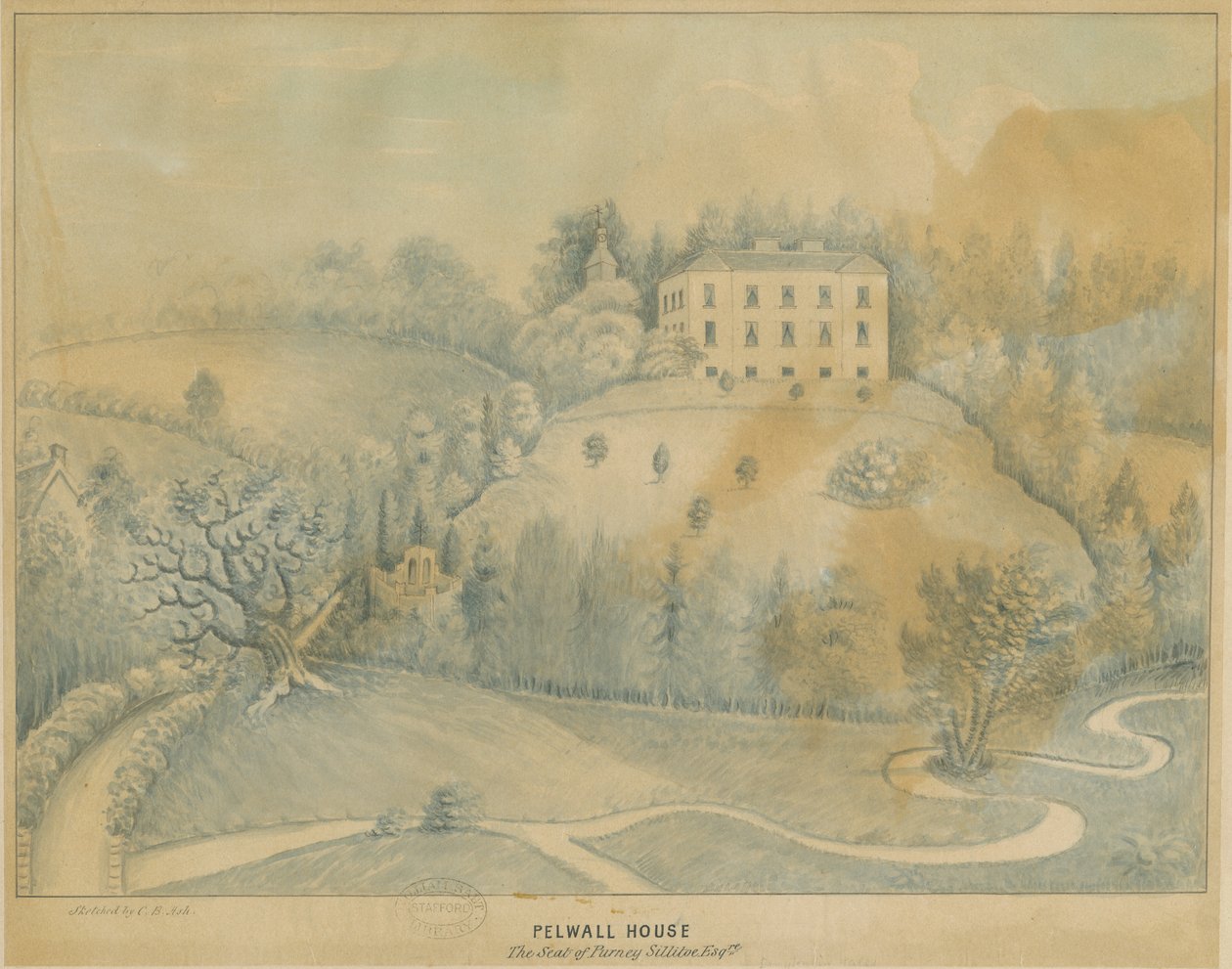 Drayton-in-Hales - Pelwall House: modrá lavírovaná kresba, nd [19. století] od C.B Ash
