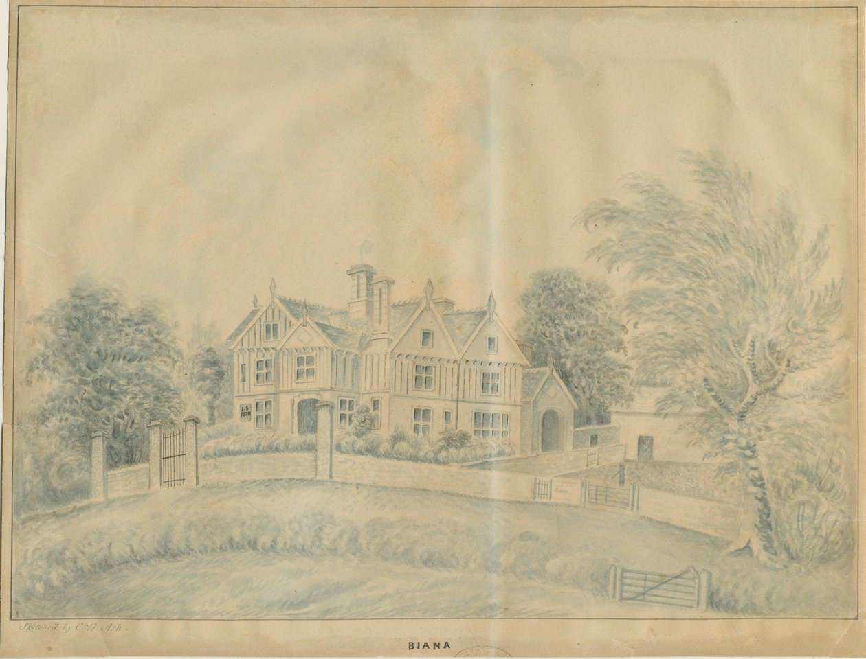 Eccleshall - Biana Hall: modrá lavírovaná kresba a [polovina 19. století] od C.B Ash