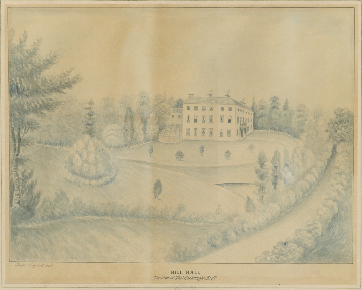 High Offley - Hill Hall: kresba tužkou a lavírováním, nd [c 1840] od C.B Ash