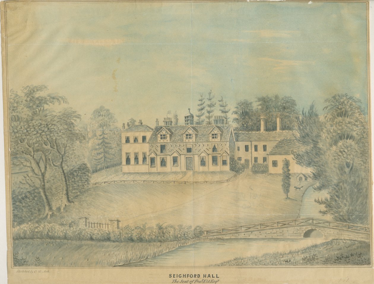 Seighford Hall: barevná lavírovaná kresba a [polovina 19. století] od C.B Ash
