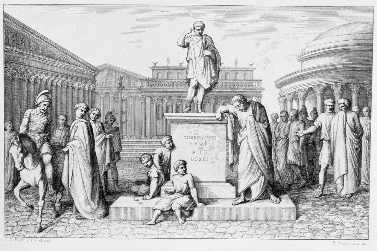 Gaius Gracchus plačící před sochou svého otce, rytý B.Barloccini, 1849 od C.C Perkins