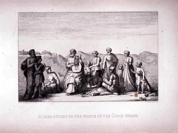 Homer zpívá lidem na Chian Strand, vyryl B. Barloccini, 1849 od C.C Perkins