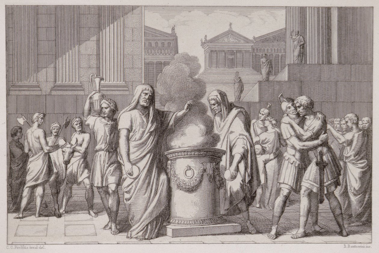 Setkání Camilla a Manlia po ústupu Galů, vyryto B.Barloccini, 1849 od C.C Perkins