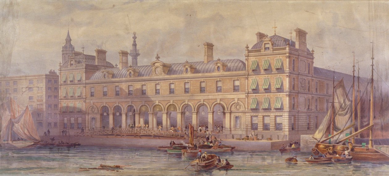 Pohled na Billingsgate Market s postavami a čluny v popředí, Londýn, 1877 od CF Kell