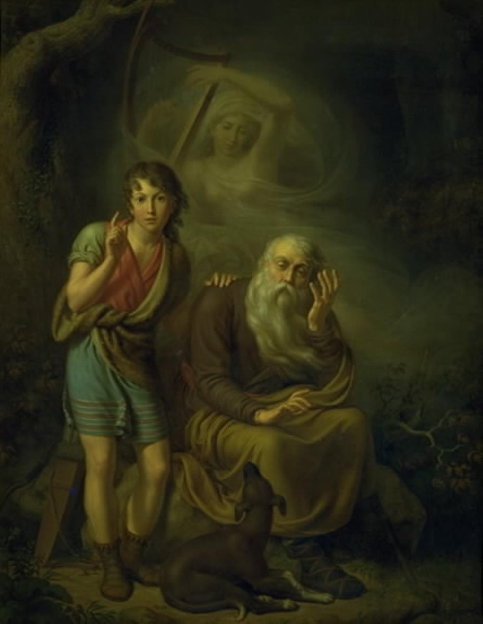 Ossian a Alpinův syn slyší ducha Malvíny dotýkat se harfy. Ilustrující Ossianovu labutí píseň od C.G. Kratzenstein Stub