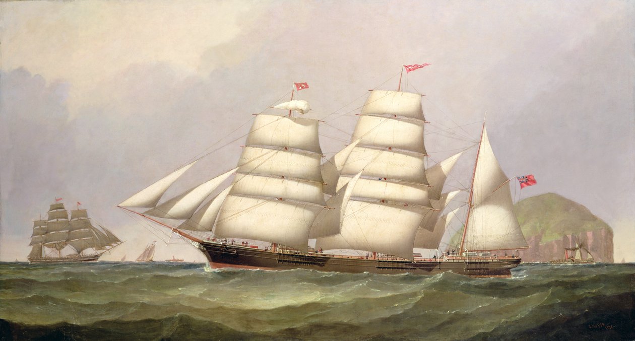 Barque "Undaunted" u Ailsa Craig, s obchodními loděmi za ní od C.H. Fyfe