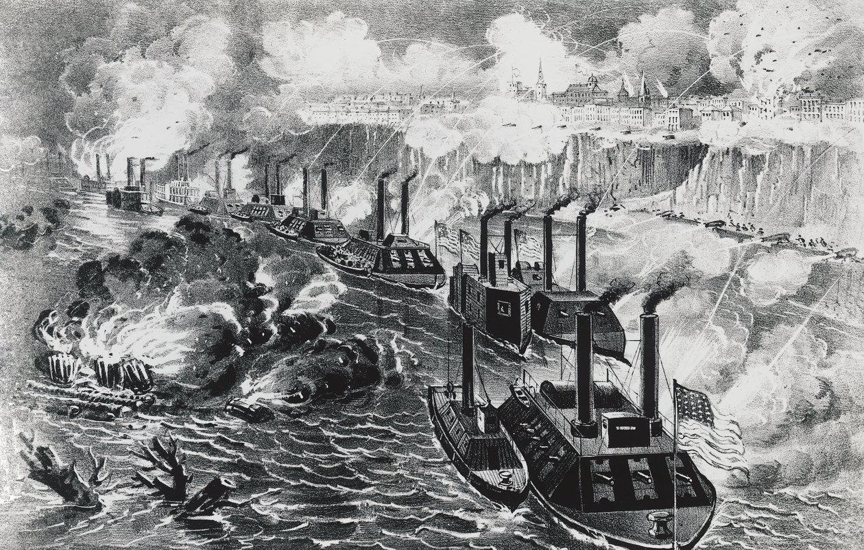 Flotila admirála Davida Dixona Portera provozující rebelskou blokádu na Mississippi u Vicksburgu, 16. dubna od J.B. and Brown J. Rowbotham
