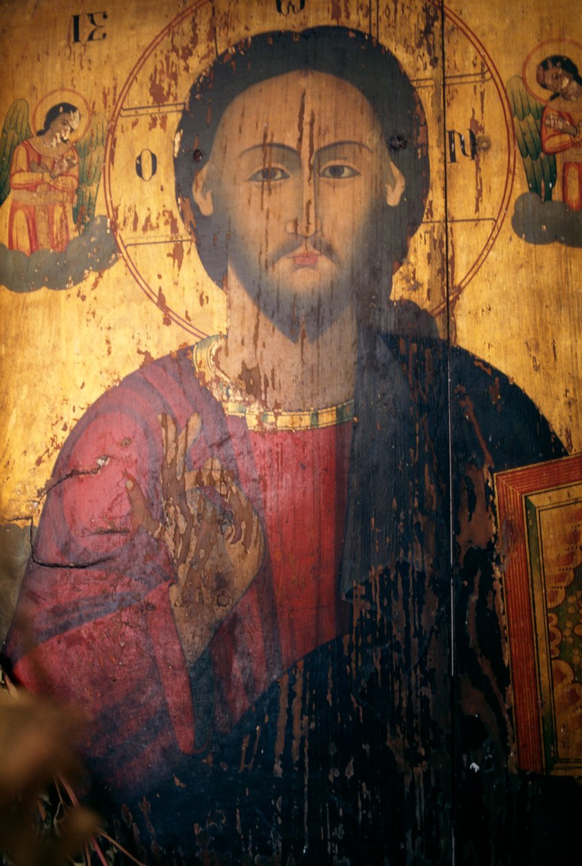 Kristus, malba na dřevě v kostele Agios Antonios, Kavousi, Kréta, Řecko (foto) od J.B. and Brown J. Rowbotham