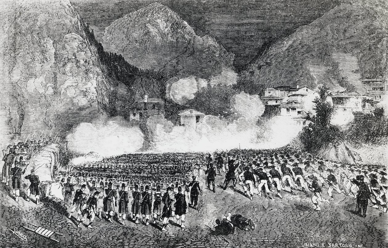 Divize generála Giacoma Mediciho útočí na Levico Terme, Trentino-Alto Adige, červenec 1866, třetí válka za nezávislost, rytina, Itálie od J.B. and Brown J. Rowbotham