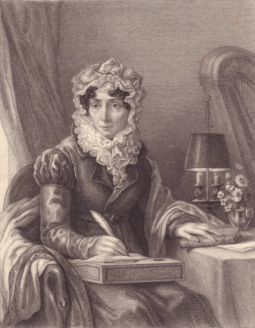 Portrét francouzské spisovatelky Stephanie-Felicite Ducrest de Saint Aubin, Madame de Genlis (1746-1830), rytina od J.B. and Brown J. Rowbotham
