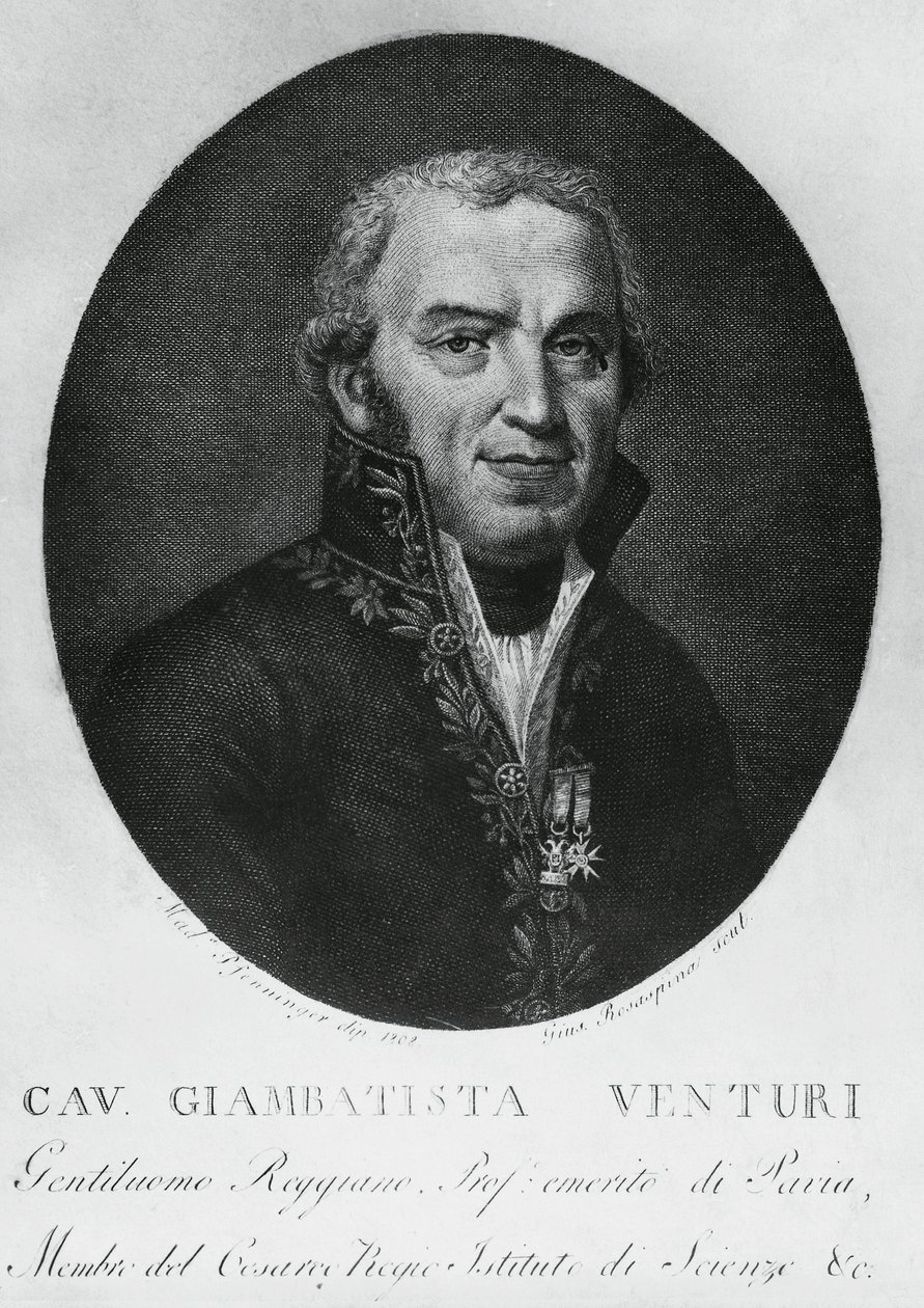 Portrét Giovanniho Battisty Venturiho (1746-1822), italského fyzika, diplomata, historika vědy a objevitele Venturiho efektu, rytina od J.B. and Brown J. Rowbotham