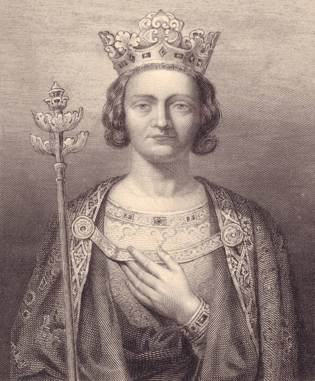 Portrét francouzského krále Filipa V., vysoký (1293-1322), rytina, 9x7 cm, z Galerie Historique de Versailles, Histoire de France, Charles Gavard Publisher, Paříž, kolem 1840 od J.B. and Brown J. Rowbotham