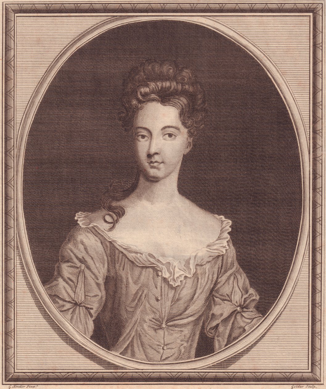 Portrét Margaret Cecil, hraběnky z Ranelagh (1672 nebo 1673-1728), mědirytina od Johna Goldara (1729-1795) z malby G Kneller od J.B. and Brown J. Rowbotham