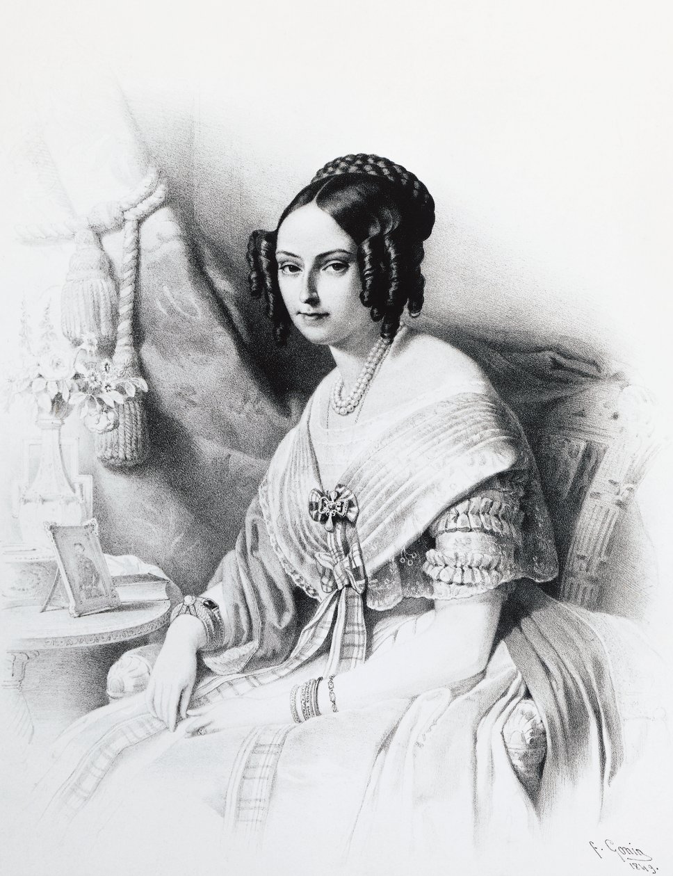 Portrét Marie Adelaide Habsbursko-Lotrinské (1822-1855), manželky Viktora Emanuela II. Savojského, rytina od J.B. and Brown J. Rowbotham