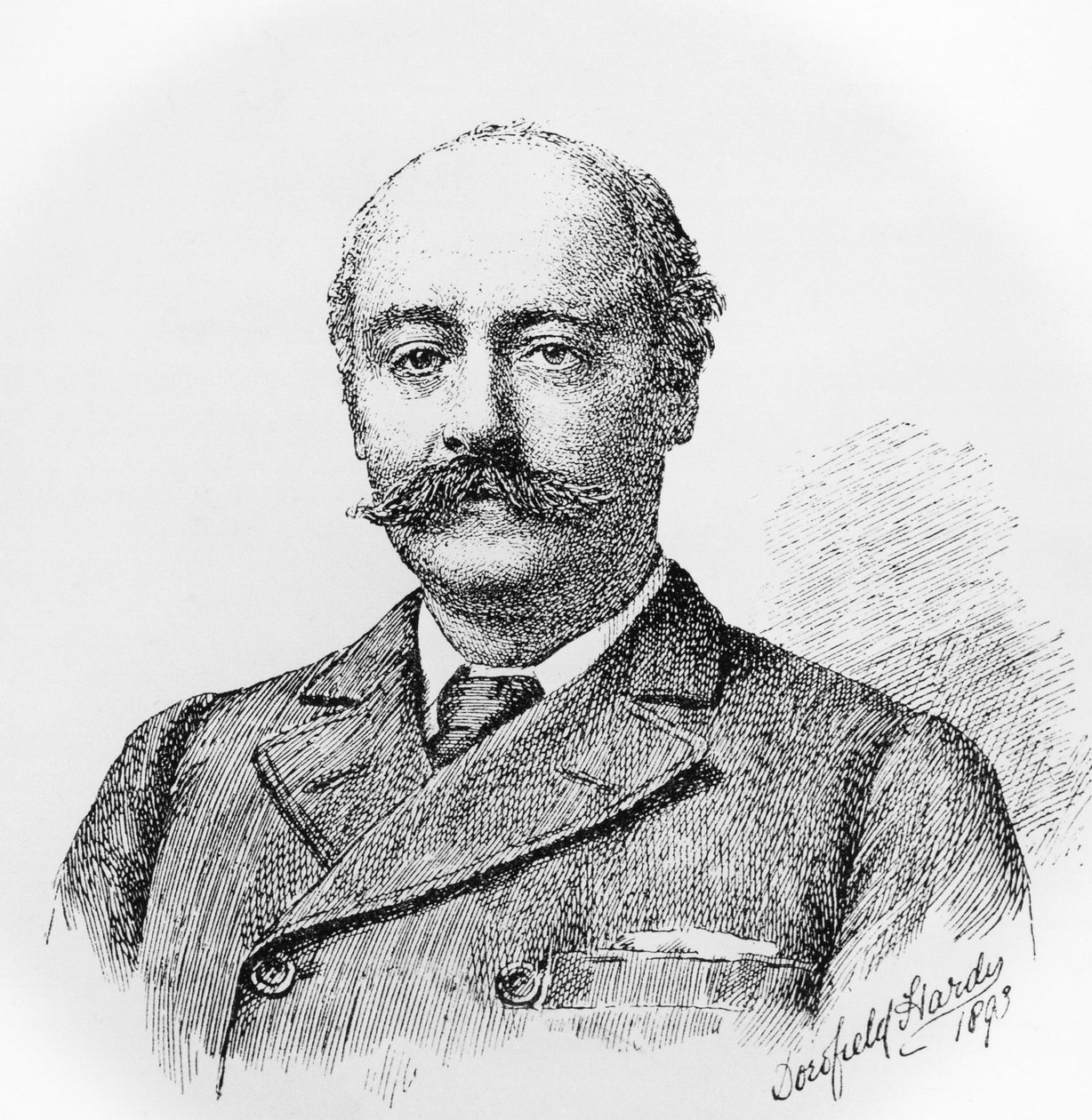 Portrét Sira Charlese Huberta Hastingse Parryho (1848-1918), anglického skladatele, učitele a historika hudby, rytina podle kresby Dorofield Hardy (1853-1937) od J.B. and Brown J. Rowbotham