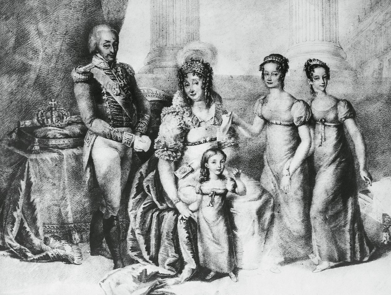 Portrét Viktora Emanuela I., krále Sardinie a vévody Savojského, Piemontu a Aosty, s manželkou Marií Terezií Rakousko-Este a jeho dcerami, Marií Terezií Savojskou (1803-1879), Marií Annou Savojskou a Marií Cristinou Savojskou , rytina od J.B. and Brown J. Rowbotham