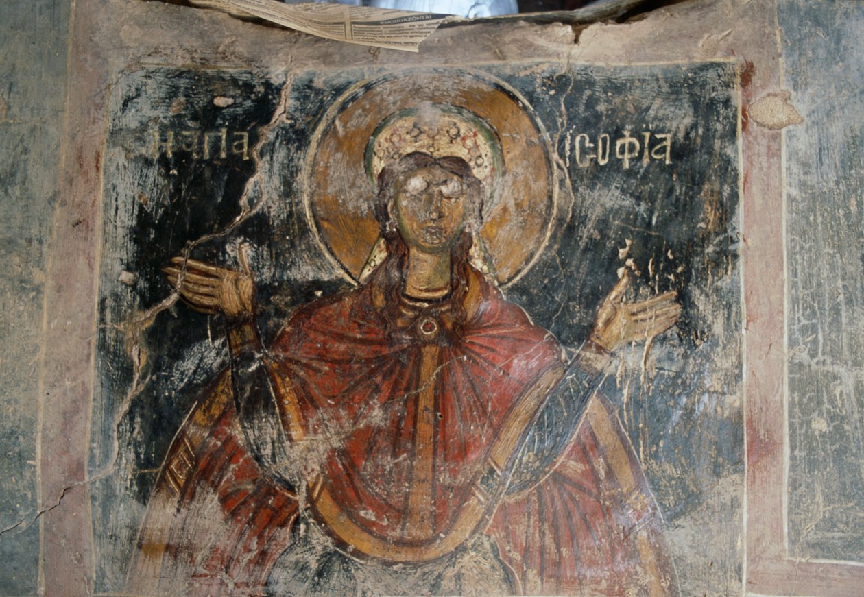 Svatý, zdi s freskami v kostele Agios Georgios, Komitades, Kréta, Řecko (foto) od J.B. and Brown J. Rowbotham