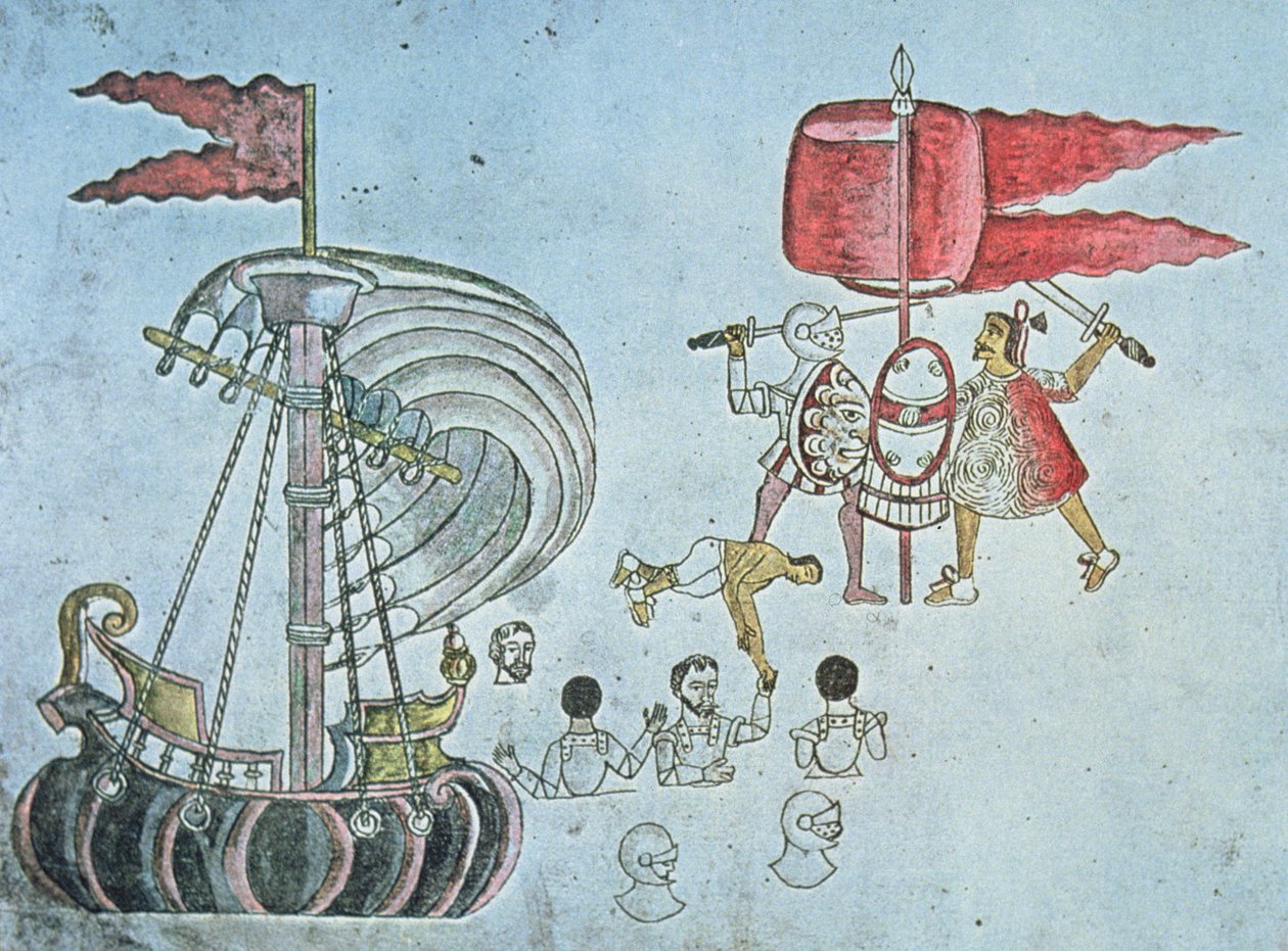 Španělští vojáci Hernana Cortese se v roce 1519 brodí na břeh, aby bojovali s Aztéky, okopírované z Codexu Azcatitlan, kolem roku 1550 (barevné litho) od J.B. and Brown J. Rowbotham