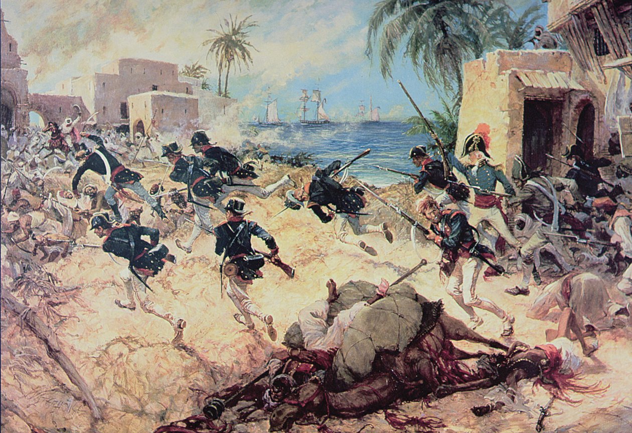 Američtí mariňáci dobyli pirátskou pevnost Barbary v Derně, Tripolis, 27. dubna 1805 (akvarel na papíře) od C.H. Waterhouse