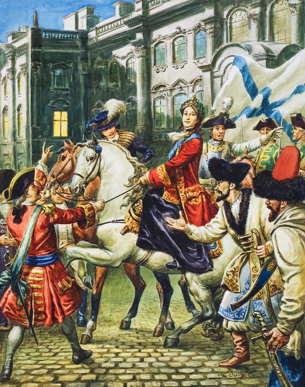 Kateřina Veliká (1729-96) se stává ruskou carevnou poté, co byl její manžel car Petr uvězněn (kvaš na papíře) od C.L. Doughty
