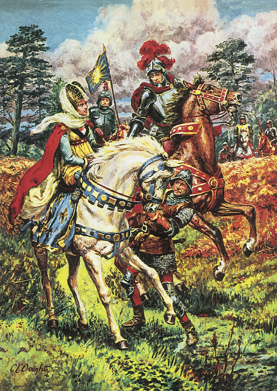 Eduard IV., Triumf rodu Yorků, ilustrace z knihy "A Pageant of Kings" (barevná litografie) od C.L. Doughty