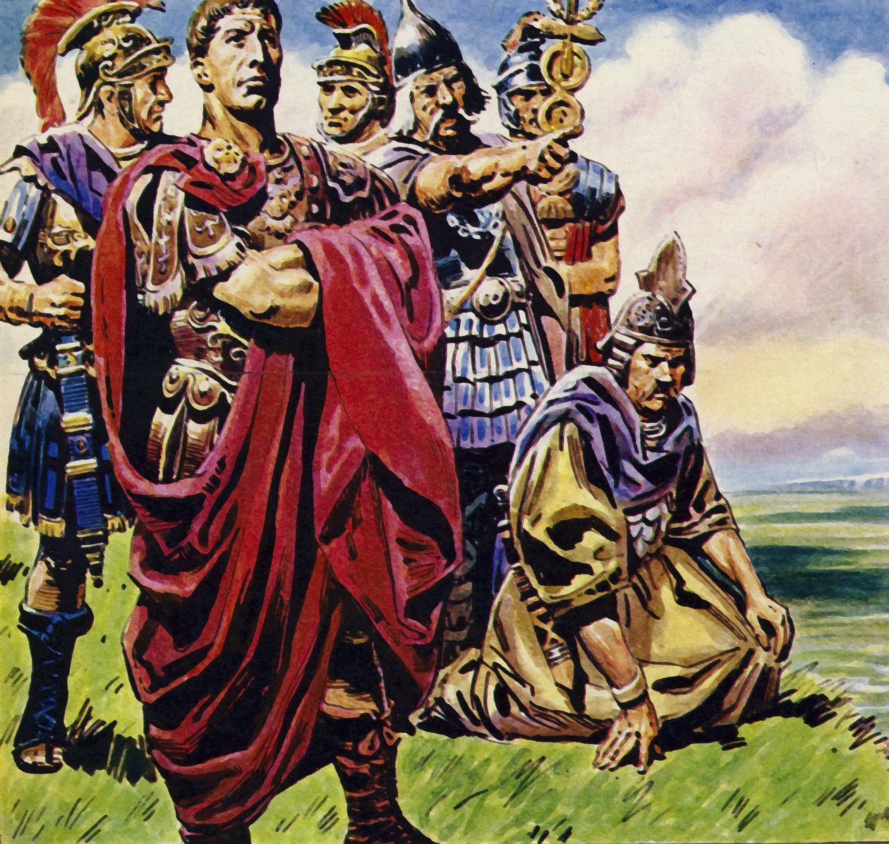 Po dobytí Galie se Julius Caesar zaměřil na Británii (barevná litografie). od C.L. Doughty