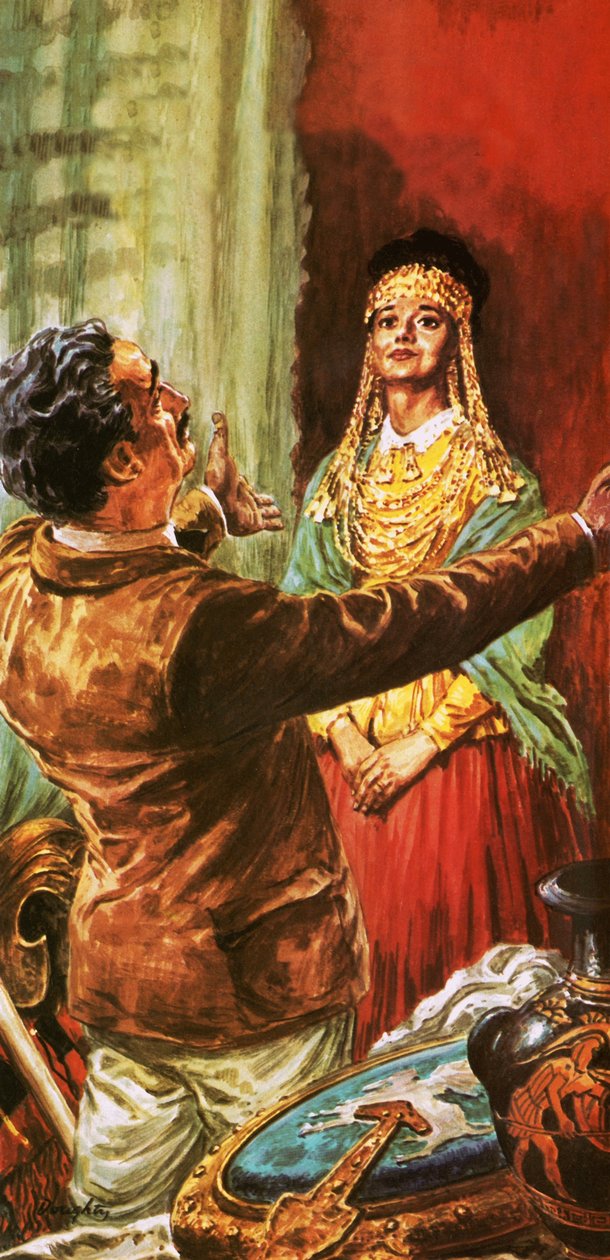 Heinrich Schliemann zdobí svou ženu ozdobami vykopané na místě starověké Tróje od C.L. Doughty
