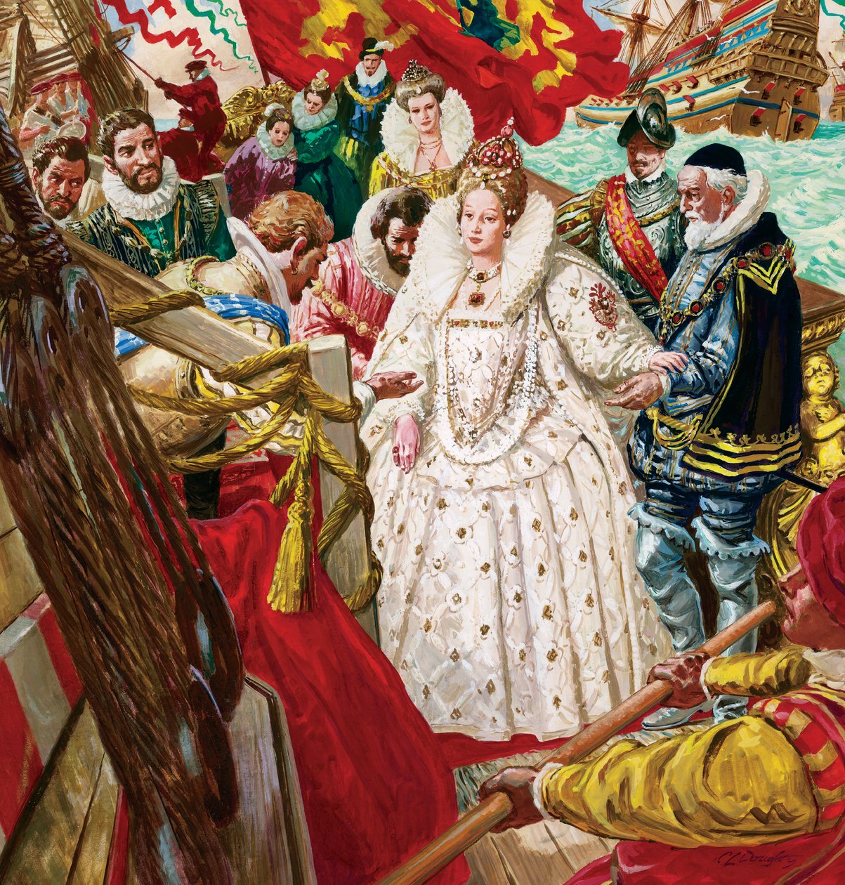 Královna Alžběta I. (1530-1603) vystupuje z lodi za asistence sira Waltera Raleigha (1554-1618) (kvaš na papíře) od C.L. Doughty
