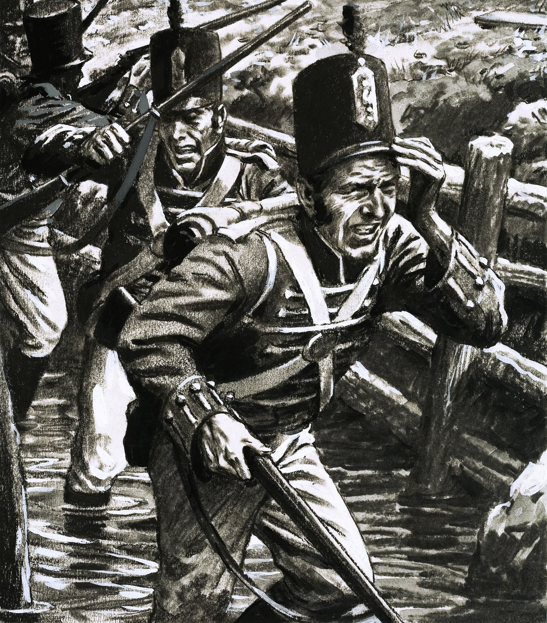 Vojáci v zaplavených britských liniích u Flushingu od C.L. Doughty