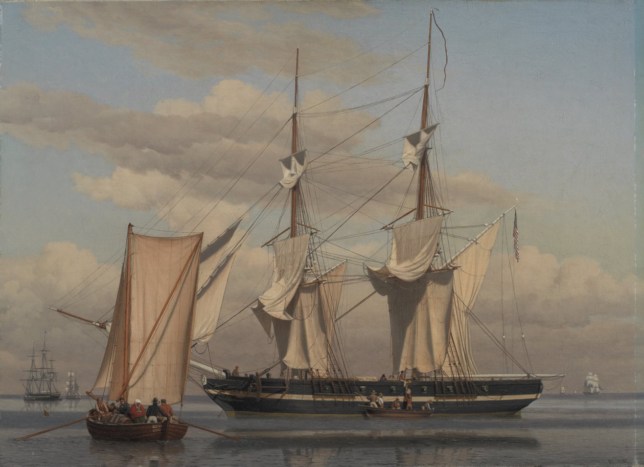 Americká námořní brigáda ležící na kotvě, zatímco její plachty schnou od Christoffer Wilhelm Eckersberg