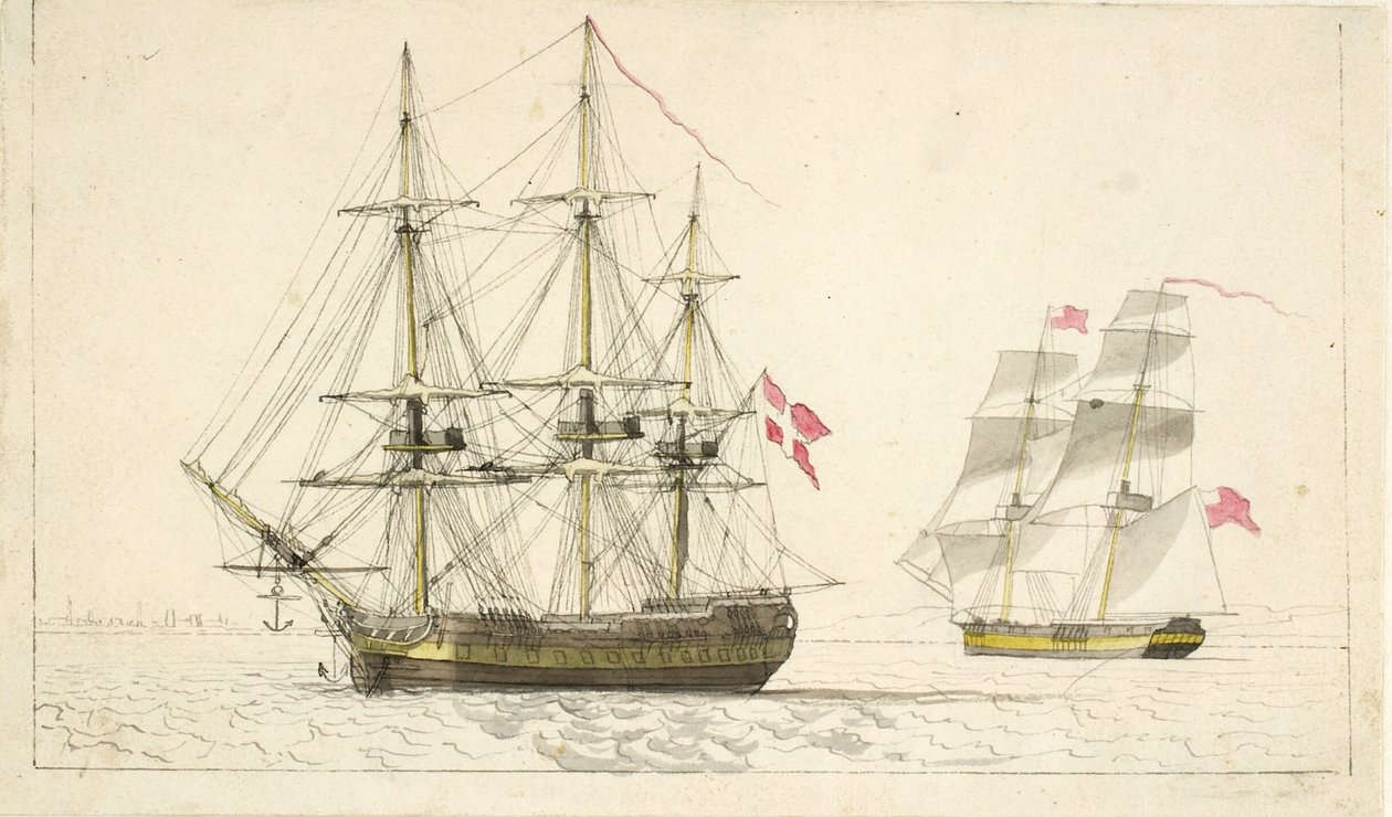 Dánská fregata na kotvě a anglická briga pod plachtami od Christoffer Wilhelm Eckersberg
