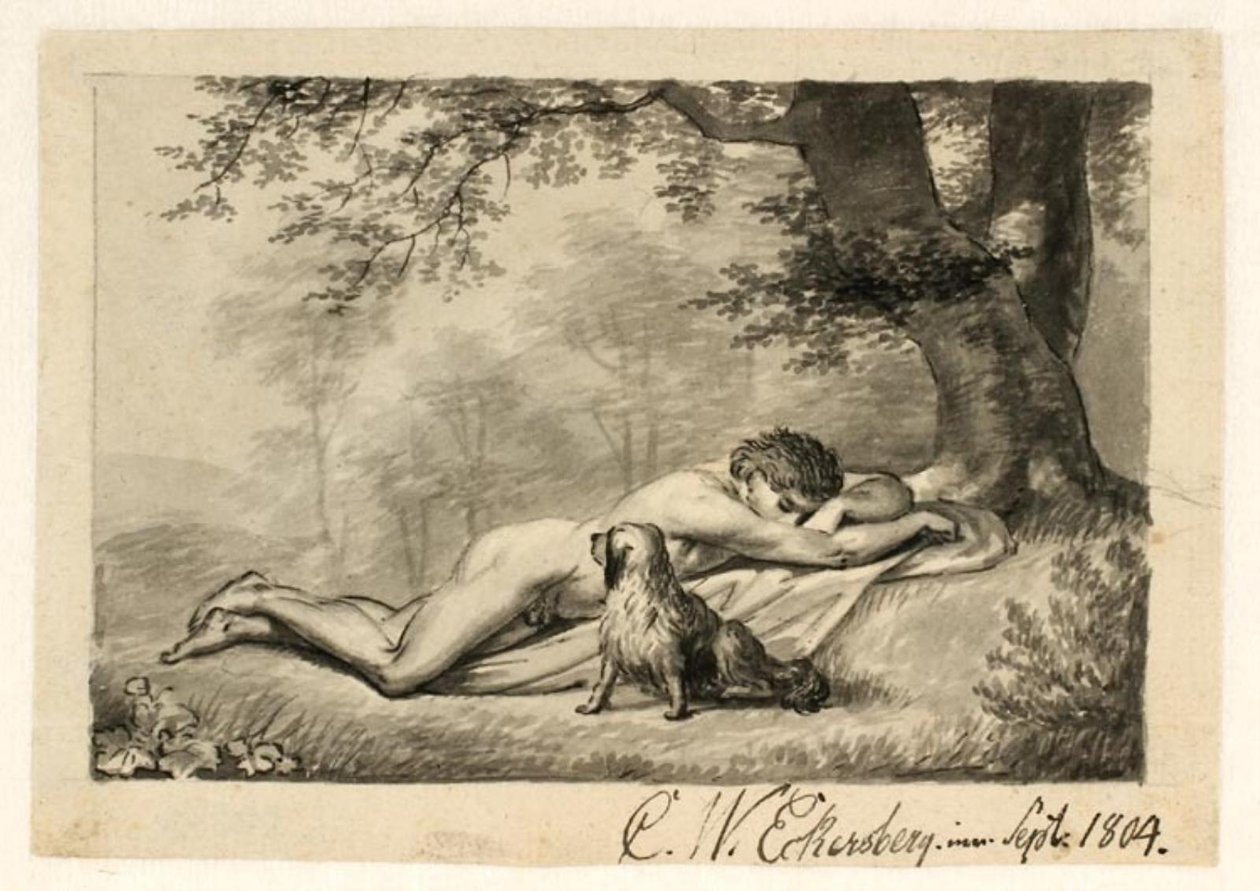 Nahý mladý muž spící u paty stromu, po jeho boku pes od Christoffer Wilhelm Eckersberg
