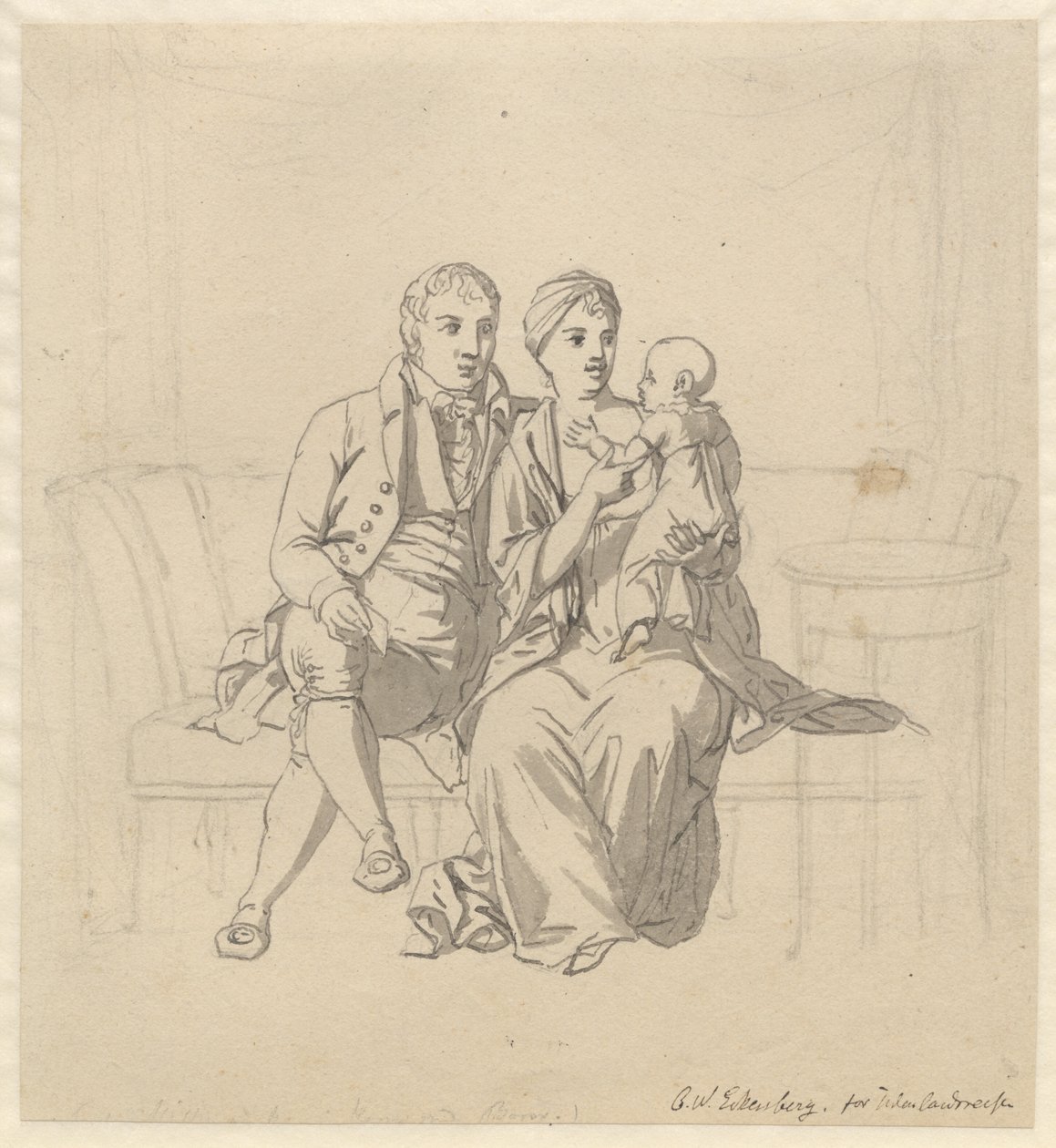 Mladý manželský pár sedí na pohovce, ona s dítětem na paži od Christoffer Wilhelm Eckersberg