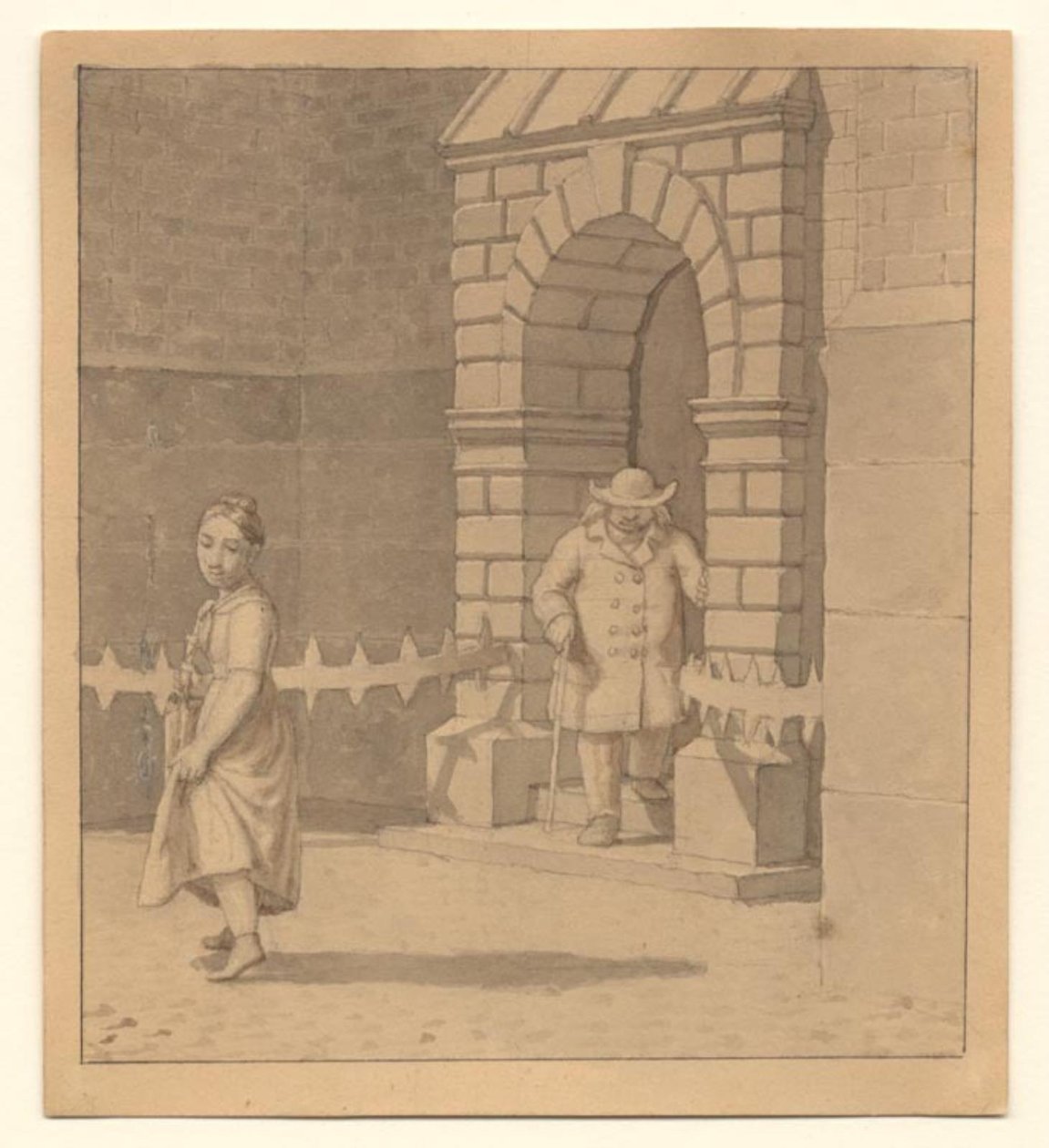Pouliční fotografie s mladou dívkou, která si trochu zvedá šaty; v pozadí starší muž s holí od Christoffer Wilhelm Eckersberg