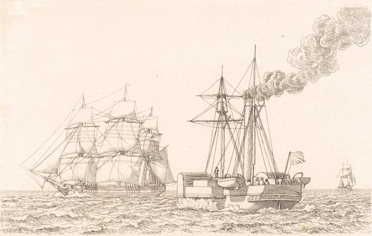 Kolesový parník a plachetnice od Christoffer Wilhelm Eckersberg