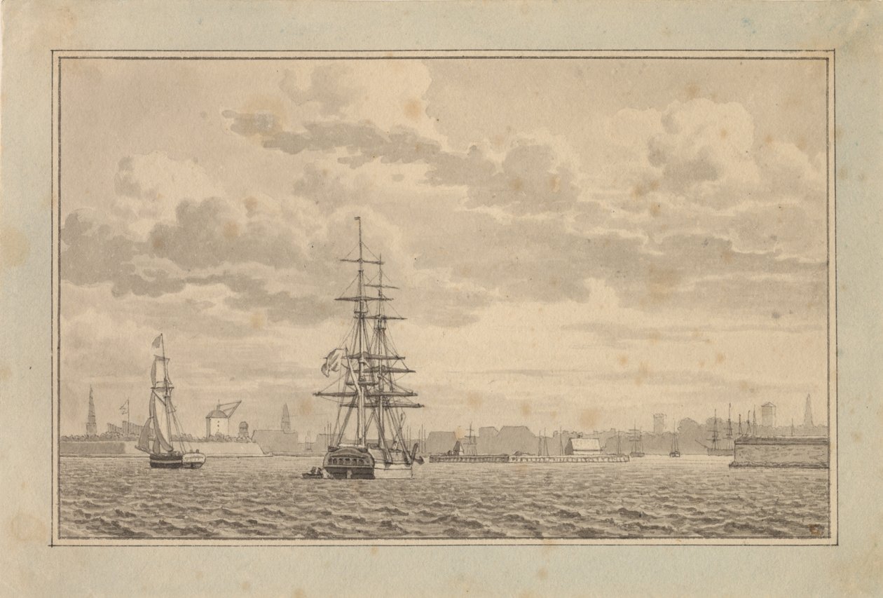 Kodaň při pohledu z Yderhavnenu s kotvící brigou a plachetnicí. od Christoffer Wilhelm Eckersberg