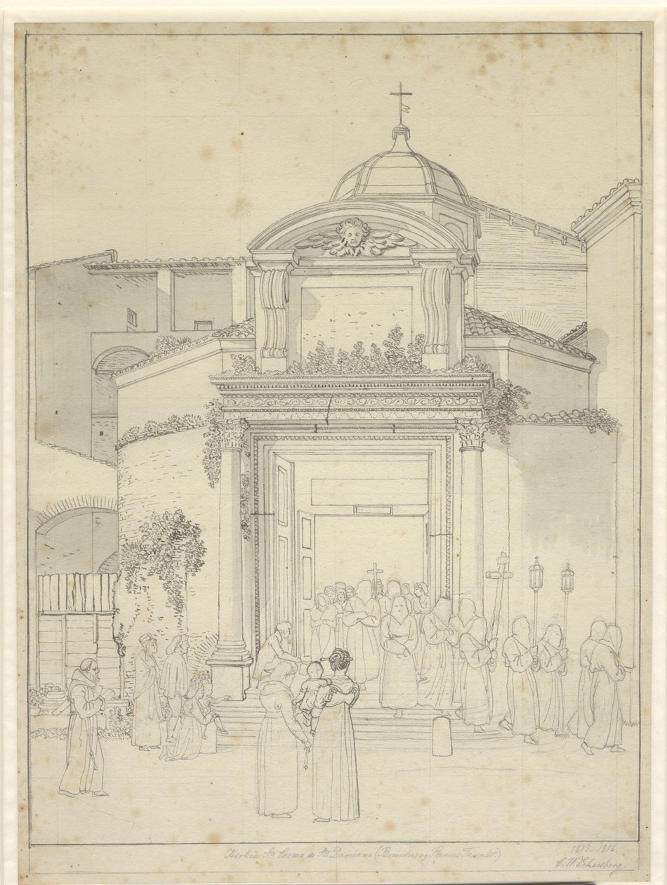 Kostel stojí. Kosmos a Sta. Damiány (chrám Romolů a Rema) s mnichy v průvodu vycházejících ze dveří kostela. od Christoffer Wilhelm Eckersberg