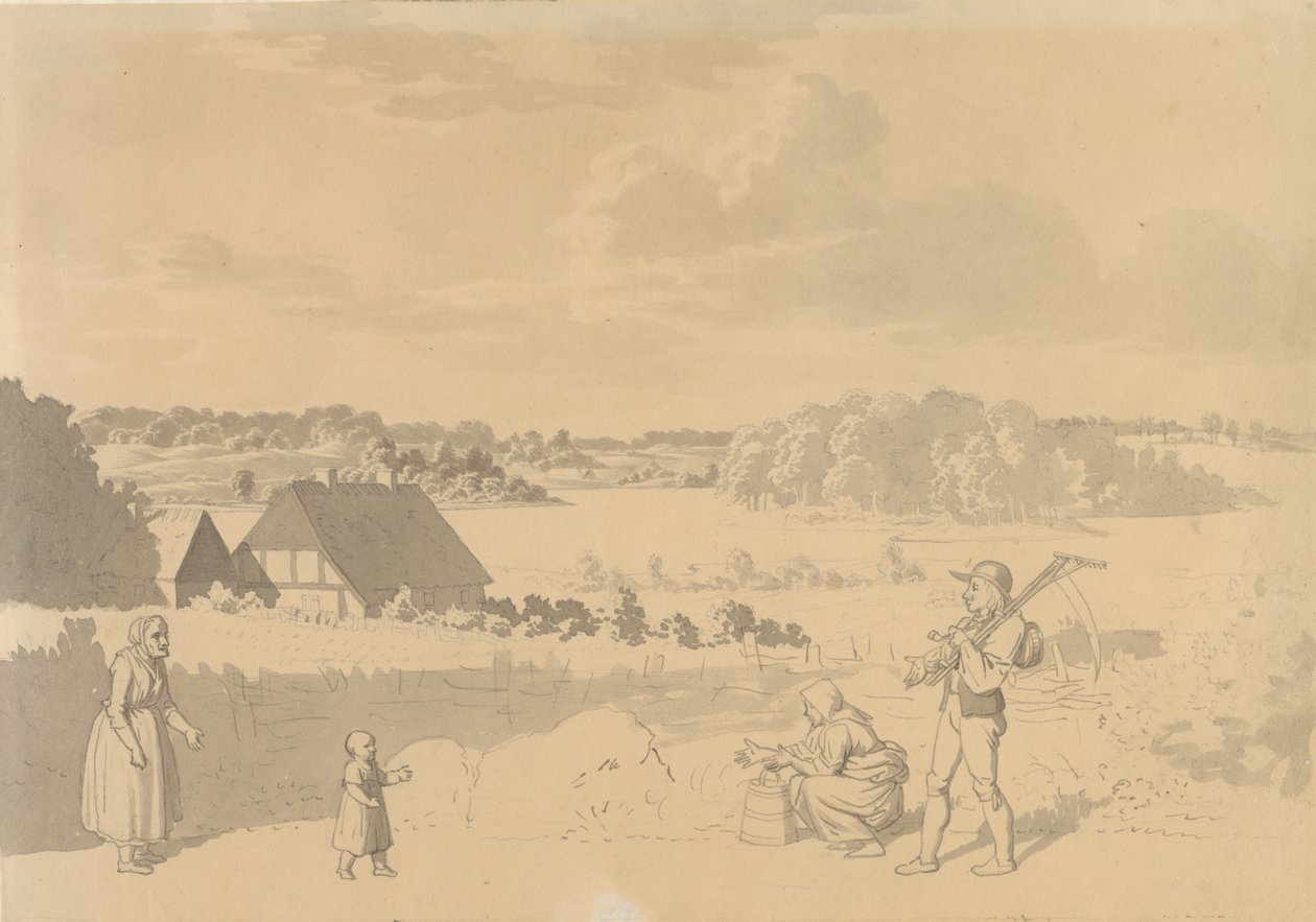 Krajina s jezerem, obklopená lesem a poli, v popředí rolníci si hrají s malým dítětem od Christoffer Wilhelm Eckersberg