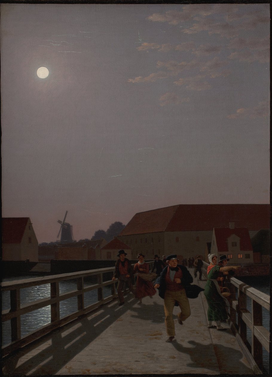 Langebro, Kodaň, v měsíčním světle s běžícími postavami od Christoffer Wilhelm Eckersberg