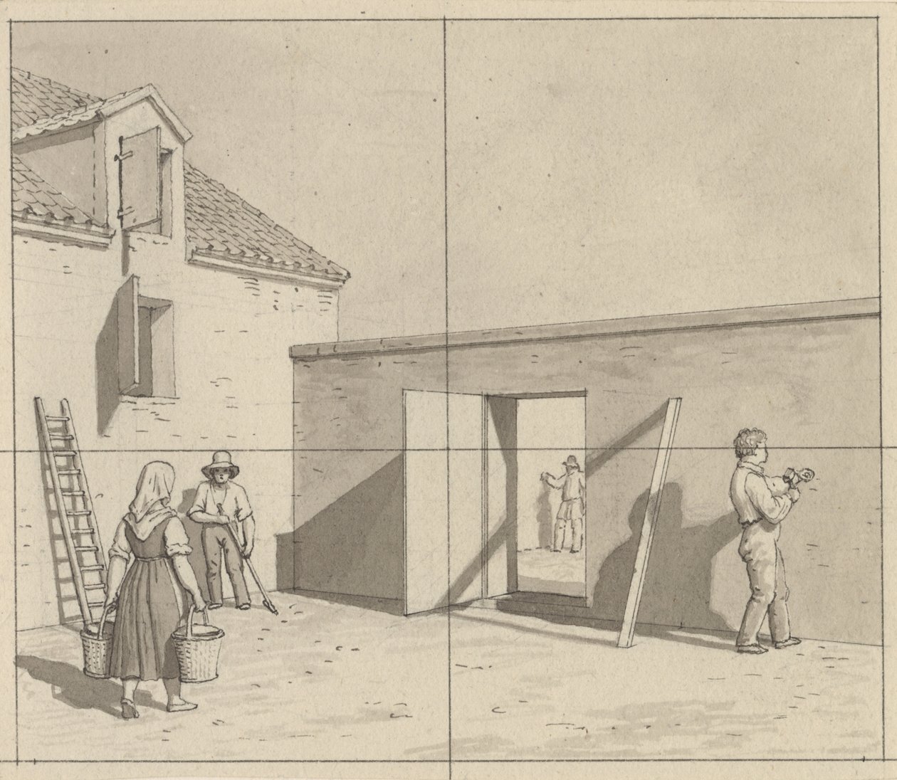 Lineární perspektiva, aplikovaná na umění malby - návrh nepoužité ilustrace - dánský dvůr se čtyřmi farmáři a řemeslníky. od Christoffer Wilhelm Eckersberg