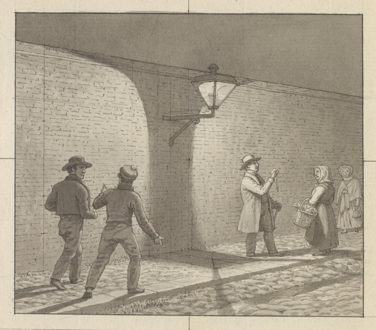 Lineární perspektiva aplikovaná na malířské umění, deska VIII, obr. 1 - Noční provoz pod pouliční lampou. od Christoffer Wilhelm Eckersberg