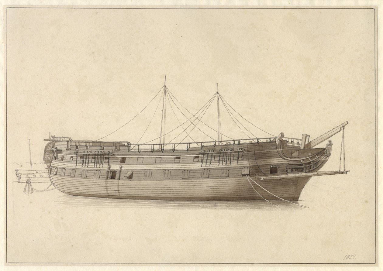 Loď Danmark v pronájmu flotily před instalací stožáru. od Christoffer Wilhelm Eckersberg