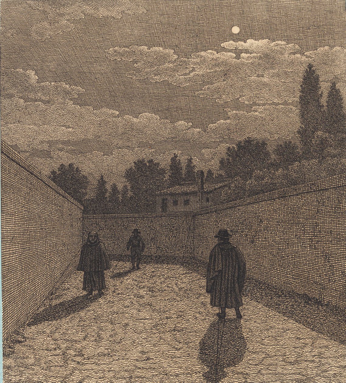 Měsíční svit nad silnicí se třemi postavami. Ilustrace pro "Lineární perspektiva", Deska IV od Christoffer Wilhelm Eckersberg