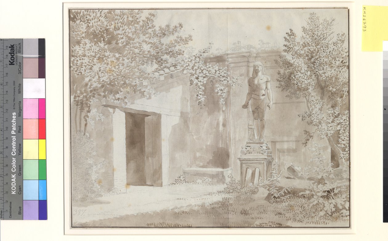 Pozemek pravděpodobně ze zahrady Palazzo Barberini s římskou Antinousovou sochou v egyptském stylu, Řím od Christoffer Wilhelm Eckersberg