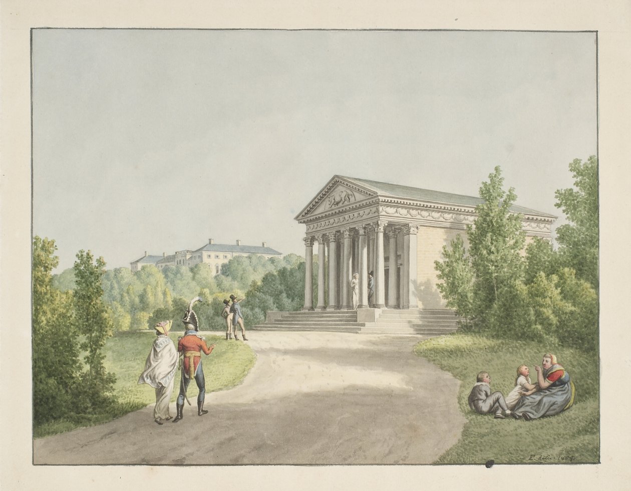 Vyhlídka ze zahrady Frederiksberg u zámku a Apisova chrámu od Christoffer Wilhelm Eckersberg